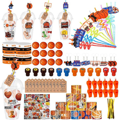 Basketball Party Favors 170 Pcs Basketball Birthday Party Decoration With Cups Straws Slap Bracelets Whistles Stress Balls Wristbands Keychains Stamps Stickers Thank you Tags (Basketball)
