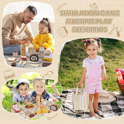 Lehoo Castle Play Food Sets for Kids Kitchen, Wooden Toys Food for Toddlers 1-3, Pretend Picnic Play Set, Cutting Food Toys, Gift for Girls Boys 3 4 5 6