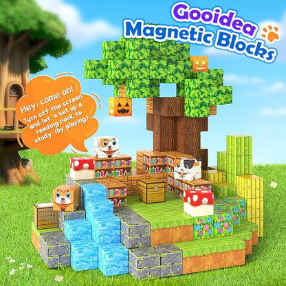 Gooidea Large Magnetic Blocks 1" Building Cubes Toys for Kids Ages 4-6 5-7 8-12, Magworld Bamboo House Building Craft Construction Toy Set, Creative Sensory Toys Game Gift for 3+ Year Old Boys Girls