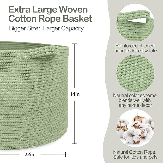 MEGASKET Extra Large Green Basket, 22" X 22" X 14" Woven Cotton Rope Baskets for Blankets, Nursery Laundry Basket, Cute Kids Toy Storage Bin, Green Living Room Bedroom Decor Baskets for Organizing