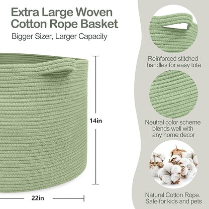 MEGASKET Extra Large Green Basket, 22" X 22" X 14" Woven Cotton Rope Baskets for Blankets, Nursery Laundry Basket, Cute Kids Toy Storage Bin, Green Living Room Bedroom Decor Baskets for Organizing