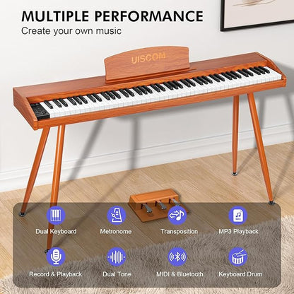 UISCOM Digital Piano Keyboard 88 Key Semi-Weighted for Beginners,Full Size Electric Piano with Stand,Triple Pedal,Adapter,Sheet Music Stand,Headphone,USB-MIDI Compatible,Wood Brown