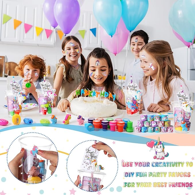 Colarr 161 Pcs Unicorn Party Favor Unicorn School Stationery Set Includes Gift Cup Notebook Pencil Sharpener Eraser Keychain Stamp Slap Bracelet Sticker Card for Unicorn Supplies