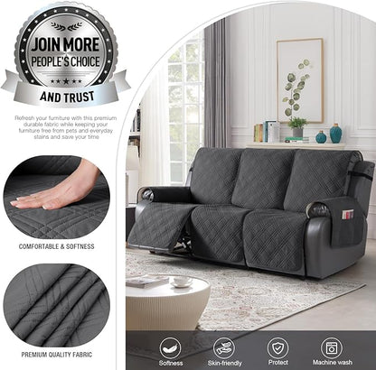 TAOCOCO 100% Waterproof Recliner Sofa Cover, Non Slip Split Couch Covers for Reclining Couches with Elastic Straps, Reclining Sofa Cover Furniture Protector for Kids Pets(3 Seater, Charcoal Gray)
