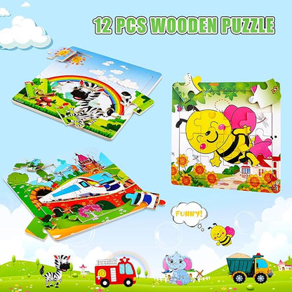 SANNIX 12 Pack Wooden Jigsaw Puzzles for Toddlers 3 4 5 Years Old, Party Favors Animals Jigsaw for Kids, Transportation Educational Puzzles Travel Toy with 12 Organize Bags