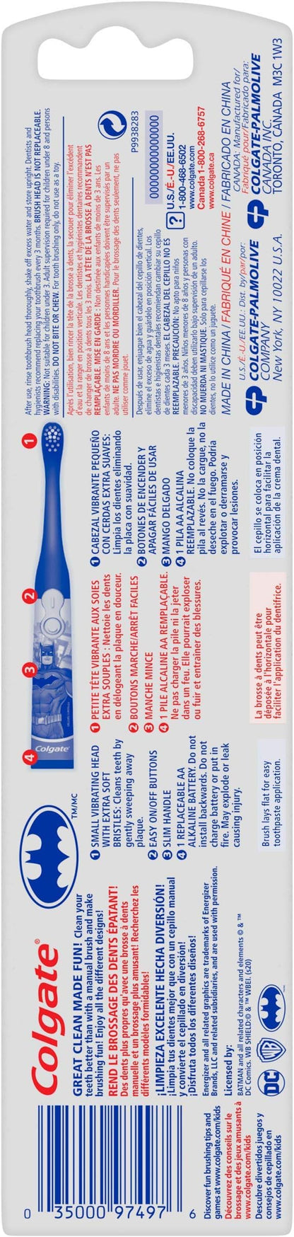 Colgate Kids Battery Powered Toothbrush, Batman, Extra Soft Toothbrush, Ages 3 and Up, 1 Pack , Colors May Vary