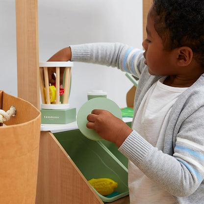 Teamson Kids Play Kitchen Accessories Little Chef 13 Piece Wooden Smoothie Blender Set with Cutting Fruit, Ingredients and to-Go Cup with Straw