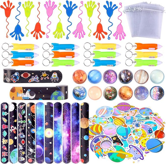 Pllieay 110pcs Outer Space Party Bag Fillers for Kids, Space Bouncy Balls Sticky Hands Slap Bracelets Space Toys for Kids Birthday Christmas Gift Goodie Bag Fillers Pinata Stuffers Classroom Prizes