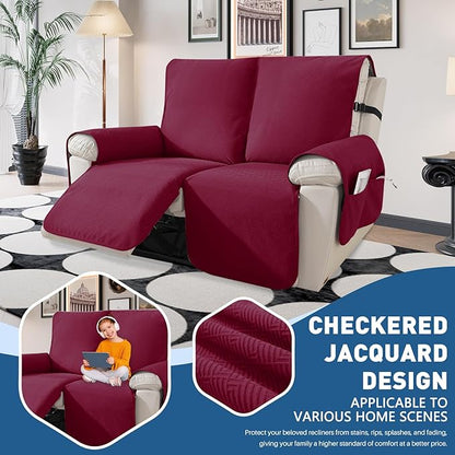 Easehomey 100% Waterproof Loveseat Recliner Cover Non-Slip Sofa Cover with Elastic Band Two Pockets, Washable Recliner Couch Cover 2 Seat Furniture Protector for Kids,Pets (Wine Red,Recliner Loveseat)