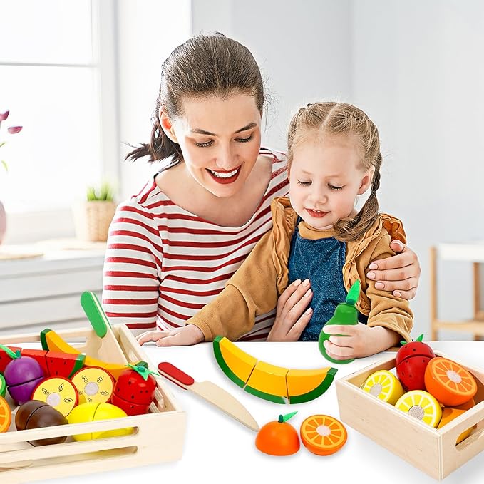 BAODLON Wooden Cutting Fruit Set - Wooden Play Food Toys for Kids Kitchen, Multi Play Food Kitchen Accessory with 2 Trays, Play Fake Fruit Toys Birthday Gifts for 3 4 Years Toddler Girl Boy