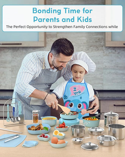 Kids Cooking Set Real for Ages 8-12, Real Mini Kitchen Tools with Stove Burner & Safe Knife, Montessori Cooking Toys for Boys & Girls, Easy Beginner Cooking Gift – Blue