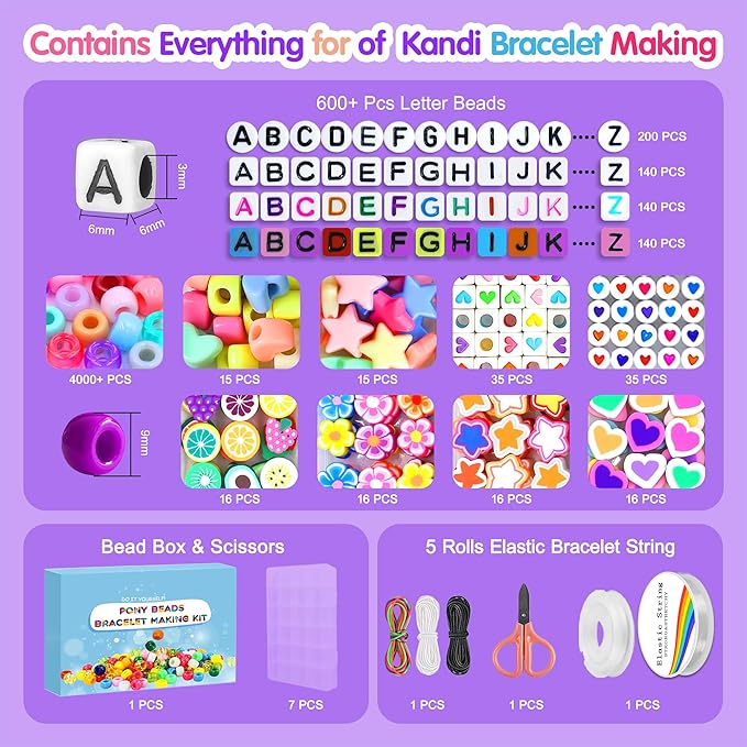 Redtwo 7 Boxes 5000 Pcs Pony Beads Kit, 144 Colors 6x9mm Kandi Beads for Friendship Jewelry Bracelet Making Kit, with 600+Pcs Letter Bead, DIY Crafts Gifts for Tween Girls Kids