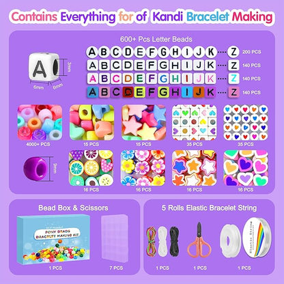Redtwo 7 Boxes 5000 Pcs Pony Beads Kit, 144 Colors 6x9mm Kandi Beads for Friendship Jewelry Bracelet Making Kit, with 600+Pcs Letter Bead, DIY Crafts Gifts for Tween Girls Kids