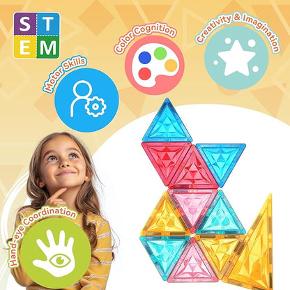 Magnetic Tiles Set, Magnet Tiles Building Blocks with Car Toy Figurines and Stickers, Construction Educational STEM Sensory Toys Gifts for 3 4 5 6 7 8 + Year Old Kids Toddlers Boys Girls