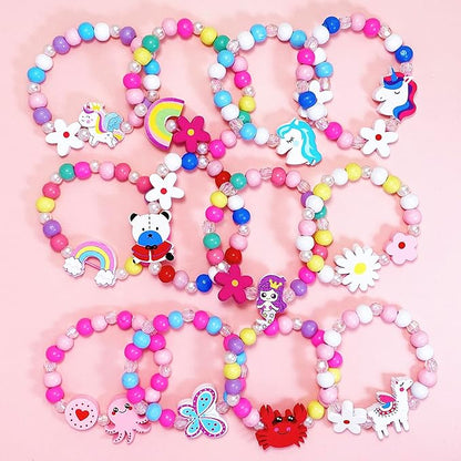 12 PCS Girls Bracelet for Kids Unicorn Mermaid Wooden Beaded Bracelets Birthday Party Favors Goodies Bag Stuffers Fillers Cute Pinata Stuffers Rainbow Butterfly Jewelry Gifts