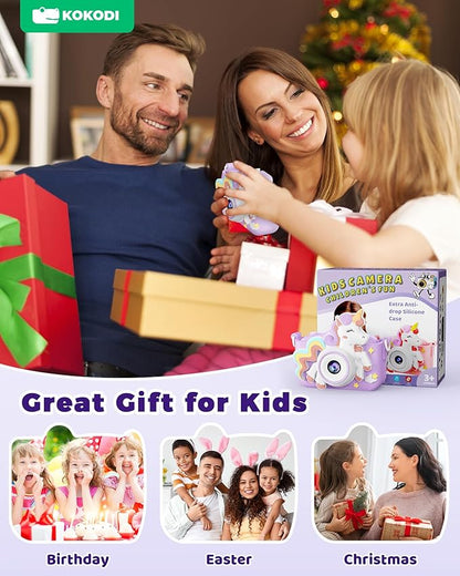 KOKODI Kids Camera Toy Digital Camera for Kids, Birthday Gifts for Girls Age 3-12, 1080P HD Video Camera for Toddler, Unicorn Children Toys for 3 4 5 6 7 8 9 Year Old Girls with 32GB SD Card (Purple)