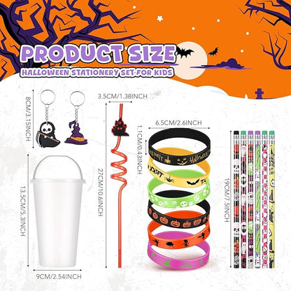 24 Set Halloween Party Favors Gift Cups Filler for Students, Halloween Goodie Bag Fillers, Halloween Treats Non Candy, Halloween Keychain Pencil Straw Silicone Bracelet for Classroom Gifts