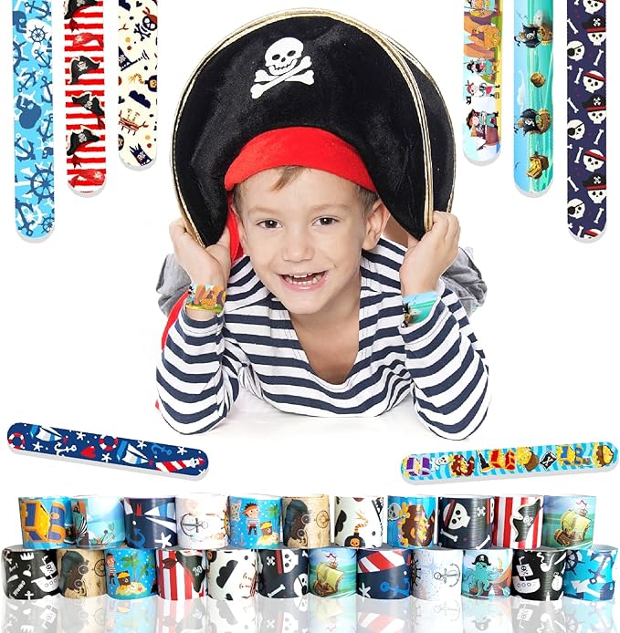 Viicoor 24 PCS Slap Bracelets Pirates Snap Bracelet Wrisrtband for Party Favors Basket Bag Filler School Prizes Birthday Exchanging Gifts Goodies Gadget Bulk (14-Pirates-24PCS)