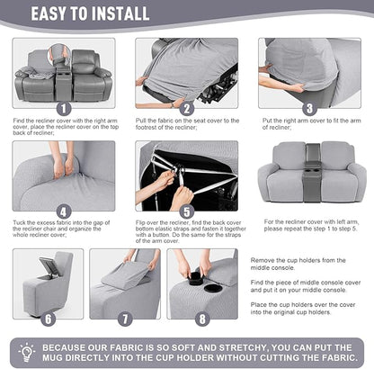 KinCam Loveseat Recliner Covers with Middle Console Slipcover, Recliner Sofa Covers 2 Seat Couch Cover Stripe Jacquard Furniture Protector Covers with Elastic Bottom for Kids, Pets (Silver Gray)