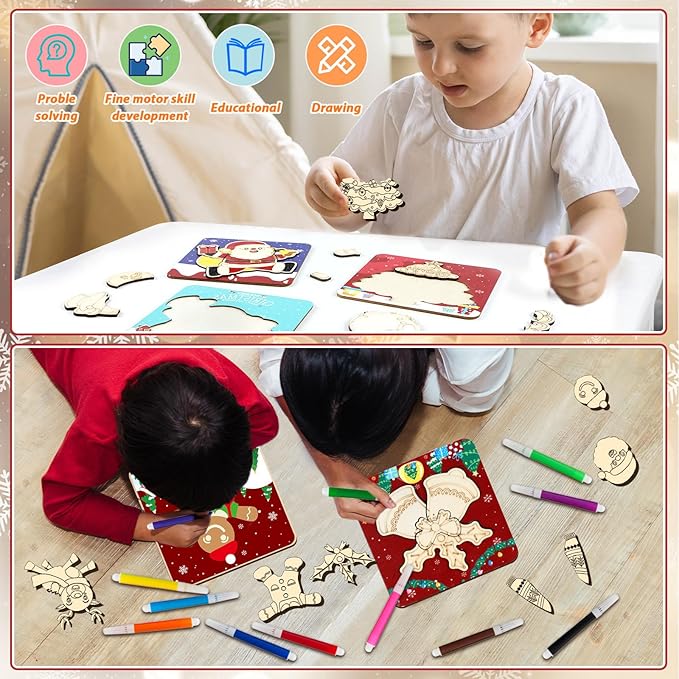 12 Pack Christmas Wooden Puzzles for Toddlers Christmas Puzzles Coloring Craft Kit for Kids Christmas Stocking Stuffers Crafts Toys Winter Xmas Party Favors Gifts Jigsaw Puzzle
