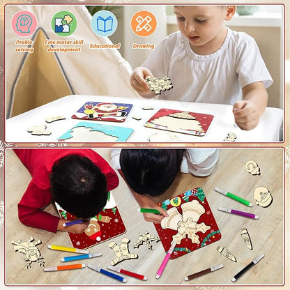 12 Pack Christmas Wooden Puzzles for Toddlers Christmas Puzzles Coloring Craft Kit for Kids Christmas Stocking Stuffers Crafts Toys Winter Xmas Party Favors Gifts Jigsaw Puzzle
