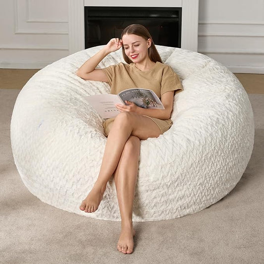 5ft Bean Bag Chairs for Adults Large Beanbag Chair with Chevron Plush Fur Cover Big Bean Bag Chair for Living Room Bedroom Dorm Office - White (50” x 50” x 24”)
