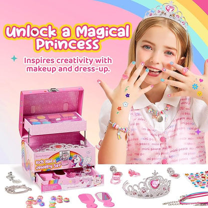 Kids Makeup Kit for Girls, Real Washable Cosmetic Set with Mirror, Jewelry Bracelet Making Kit for Kids Makeup Toy, Kids Makeup Sets for Girls 4 5 6 7 8 9 10 11 12 Years Old Kid (Pink)
