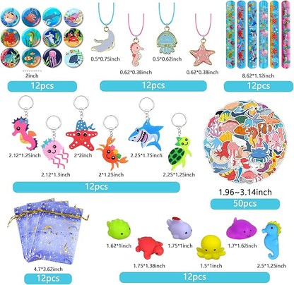122 PCS Ocean Animal Party Favors Under the Sea Goodie Bags with Necklaces Stickers Slap Bracelets Button Pins and Bags for Sea Themed Birthday Party Supplies School Rewards (Ocean Animal)
