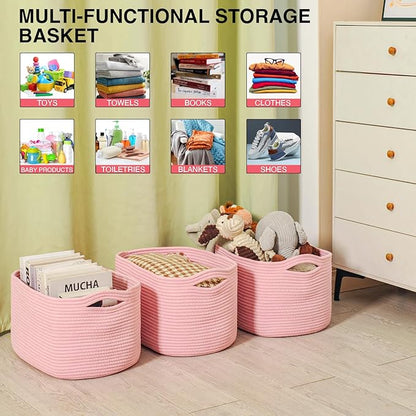 ICERZCZ Storage Baskets for Organizing Shelves, Pink Basket for Nursery, Woven Cotton Rope Baskets for Storage, Towel Basket for Bathroom, 15"x11"x9.5", 3 Packs, Light Pink