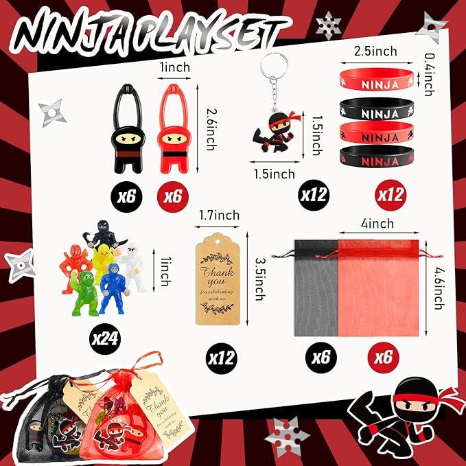 84 Pcs Ninja Party Favors Include 12 Stretchy Flying Ninjas, 24 Mini Ninja Figurines, 12 Ninja Silicone Wristbands, 12 Ninja Keychains, 12 Red and Black Organza Bags and 12 Gift Tags for Birthday