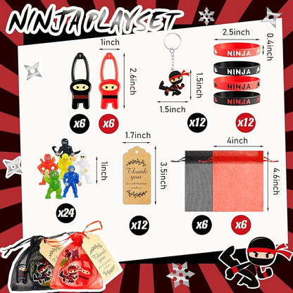 84 Pcs Ninja Party Favors Include 12 Stretchy Flying Ninjas, 24 Mini Ninja Figurines, 12 Ninja Silicone Wristbands, 12 Ninja Keychains, 12 Red and Black Organza Bags and 12 Gift Tags for Birthday