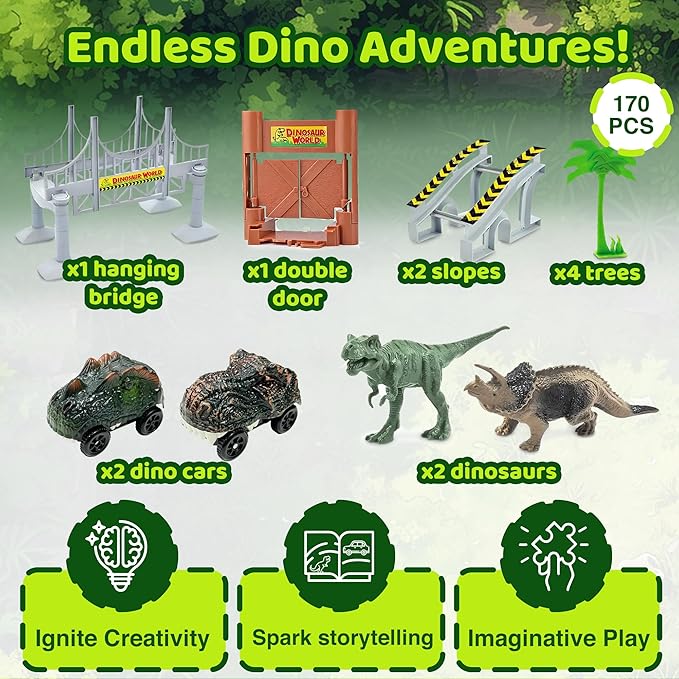 Dinosaur Race Track Toy Set -Dino Racetrack with 170 Total Pieces, Flexible Tracks, Dino Train for Kids Ages 3-7, Boys & Girls | Dinosaur Race Track, Dinosaur Track Toy Set Toddler Race Track