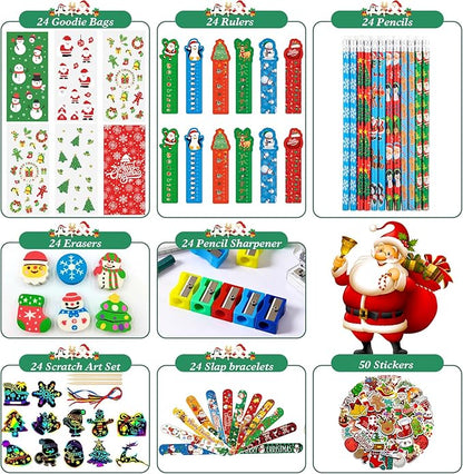 Christmas School Stationery Set with Rulers Pencils Erasers Stickers Treat Bags Party Favors for Kids Students Classroom Gift Exchange School Games Prizes Reward Carnival Holiday Gifts