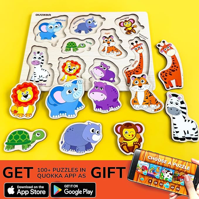 QUOKKA Wooden Puzzles for Toddlers 1-2 – 4 Set Pegged Puzzles for Kids Ages 1-2 – Animal Safari Learning Toy for Kids – Gift Realistic Educational Game for Boy and Girl