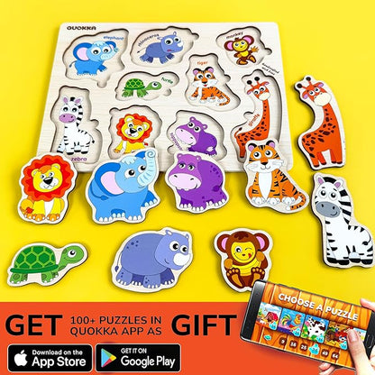 QUOKKA Wooden Puzzles for Toddlers 1-2 – 4 Set Pegged Puzzles for Kids Ages 1-2 – Animal Safari Learning Toy for Kids – Gift Realistic Educational Game for Boy and Girl