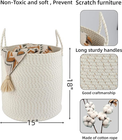 XUANGUO Cotton Rope Laundry Basket Hamper for Clothes Woven Storage Basket for Living Room Bedroom Boho Tall Rope Baskets for Blanket Toys Pillow Towels Baby Nursery Hamper Bin striped