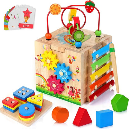 Batlofty Wooden Activity Cube, 8-in-1 Montessori Toys for 1+ Year Old Boys & Girls, Educational Learning Toys for Toddlers Age 1-2, 1st Birthday Gift | Bonus Sorting & Stacking