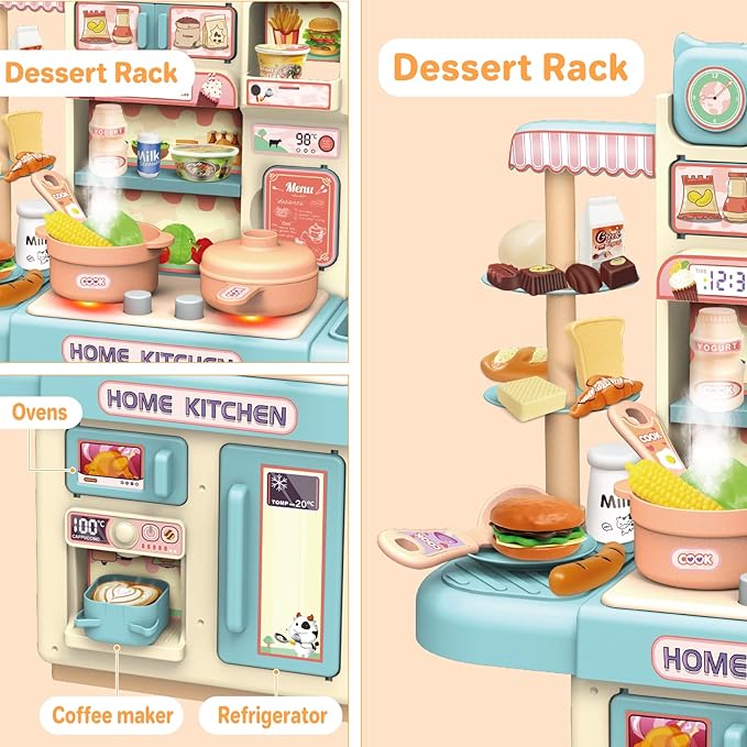 deAO Mini Kitchen Playset Toy,33 PCS Play Kitchen with Realistic Steam and Lights, Role Playing Game Pretend Food and Cooking Playset, Mini Kitchen Accessories Set for 3 4 Girls Boys