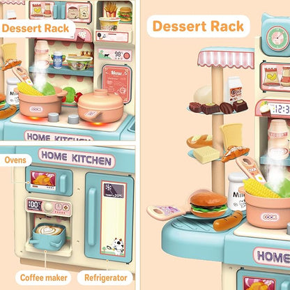 deAO Mini Kitchen Playset Toy,33 PCS Play Kitchen with Realistic Steam and Lights, Role Playing Game Pretend Food and Cooking Playset, Mini Kitchen Accessories Set for 3 4 Girls Boys