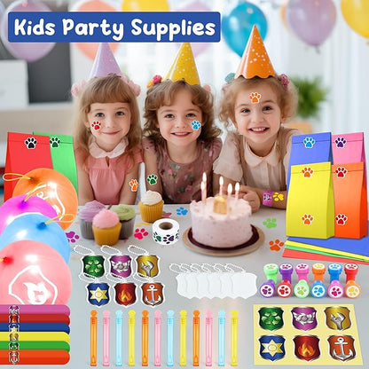 75PCS Dog Paw Party Favors Dog Paw Print Party Supplies Puppy Patrol Theme Pack Include Slap Bracelets、Paw Print Bubble Wands、Paw Stampers 、Punch Balloons、DIY Acrylic Keychain、Sticker、Goodie Bags
