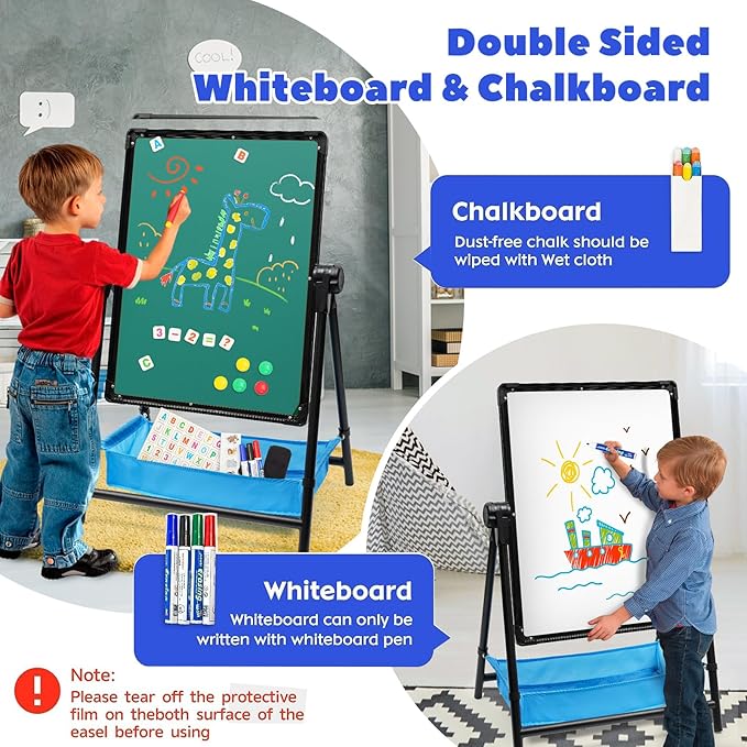 Kids Art Easel Double-Sided Easel Designed with Height Adjustable Function & Large Storage Bag Whiteboard & Chalkboard 360°Rotating Kids Drawing Easels for Kids Toddlers (26inch-43inch)
