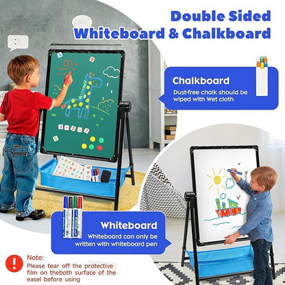 Kids Art Easel Double-Sided Easel Designed with Height Adjustable Function & Large Storage Bag Whiteboard & Chalkboard 360°Rotating Kids Drawing Easels for Kids Toddlers (26inch-43inch)
