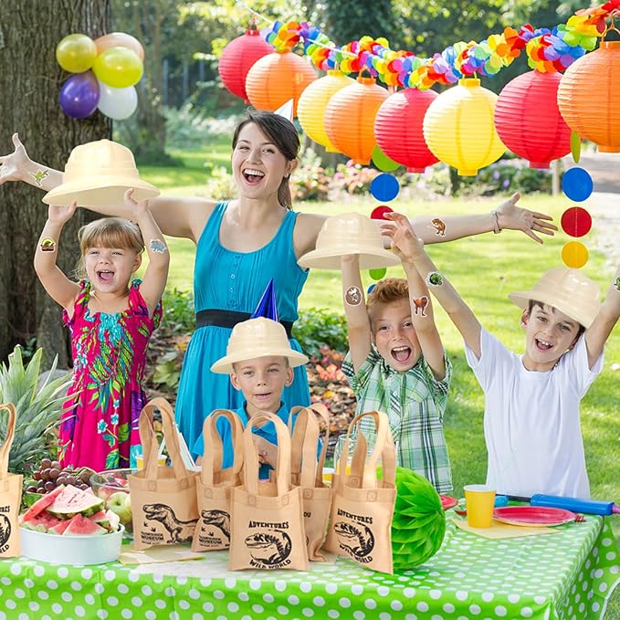 Golray 72Pack Dinosaur Birthday Party Supplies Favors Safari Hat Tote Goodie Bags Luminous Dino Figure Tattoo Keychain Slap Bracelet for Kid Boy Safari Jungle Explorer Dinosaur Party Favor Supplies