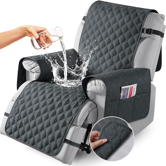 TAOCOCO 100% Waterproof Recliner Covers, Recliner Sofa Covers with Leg Straps, Reversible Recliner Couch Cover for Reclining Chair, Washable Couch Protector for Pets Kids(1 Seater 22", Smoke Gray)