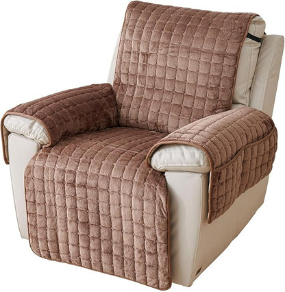 Quilted Recliner Chair Covers, Plush Non Slip Chair Slipcover Soft Washable Couch Cover Furniture Protector with Elastic Straps and Pocket for Kids, Dogs, Pets (Curry, 1 Seater)