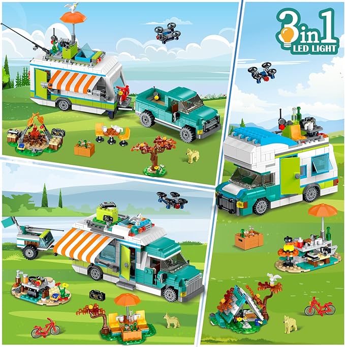HOGOKIDS City Camper Van Building Set with LED Light - 3-IN-1 Holiday RV Camping Building Toy for Kids 879PCS with Tent BBQ Grill Vehicles Friends Creative Adventure Gift for Boys Girls 6-12 Years Old