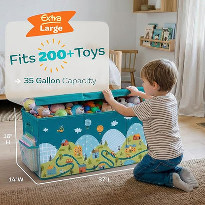 SoftOwl Extra Large Toy Storage Organizer with Lid - Sturdy, Collapsible Toy Chest Storage Box with Cute Design - Toys Bin with Dividers for Kids, Boys, Girls, Nursery, Bedroom, Play room 37"x16"x14"