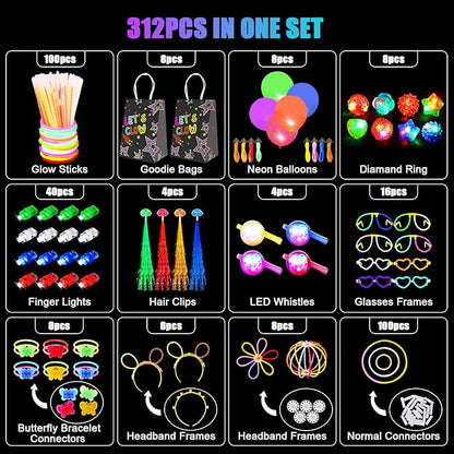 312PCS Glow in the Dark Party Supplies, Light Up Party Favors with 40 finger lights, LED Neon balloons, LED Whistle, 100 Glow Sticks Bulk DIY Glow Necklaces Glasses, Neon Party Supplies & Decorations