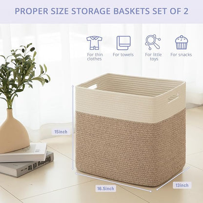 OIAHOMY Storage baskets for Shelf, Large Collapsible Storage Bins, Blanket Basket Living Room, 16.5 x 13 x 15 Inches-Pack of 2-Brown