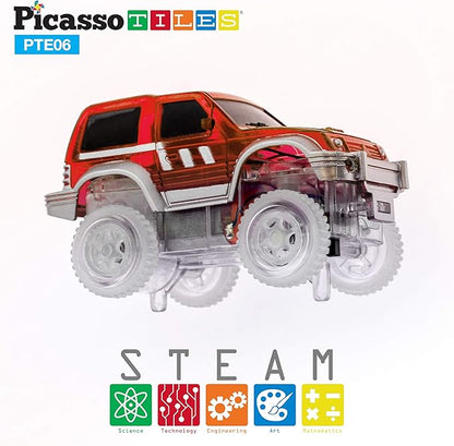 PicassoTiles 3 pcs Magnetic Toy Car Set Light Up LED Highly Detailed Compatible with Magnet Race Track STEM Truck Replacement Accessories Educational Building Kits for Toddlers Boys & Girls Ages 3+